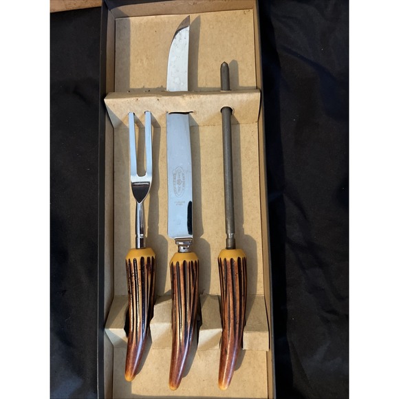 Sheffield Crown Crest Stainless Steel Carving Set Vintage VGUC Boxed Knife Fork